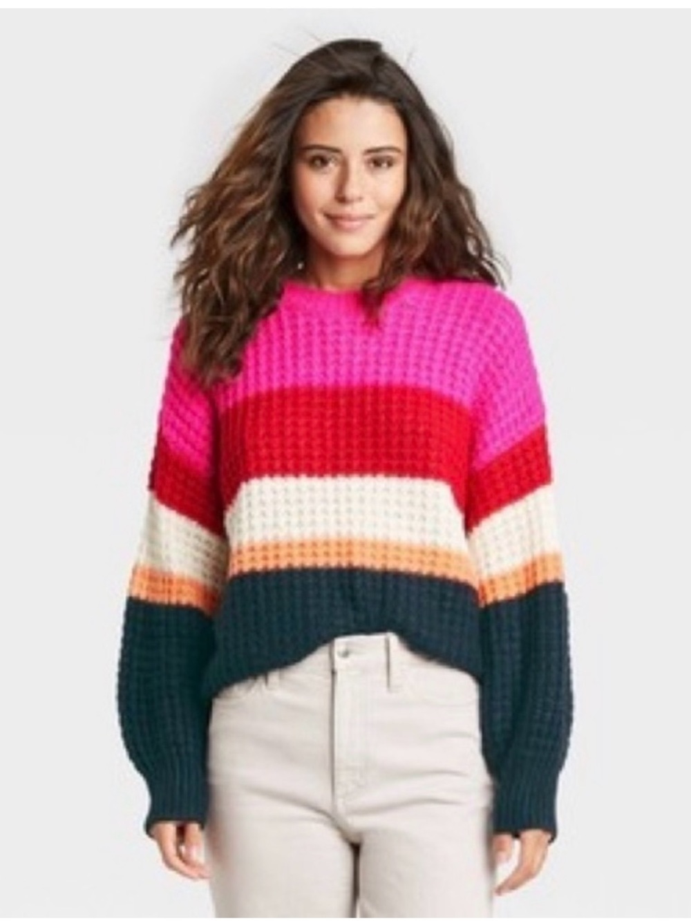 Universal Thread Striped Chunky Crew Sweater in Hot Pink, Red, Cream & Dark Teal